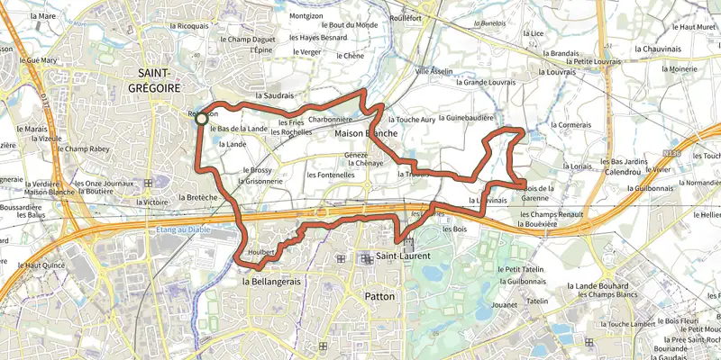 Carte du tracé de Circuit des Louvries sur le Plan IGN, départ et points de passage numérotés