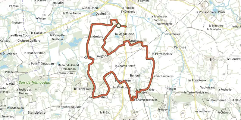 Carte du tracé de circuit des Sorciers sur le Plan IGN, départ et points de passage numérotés