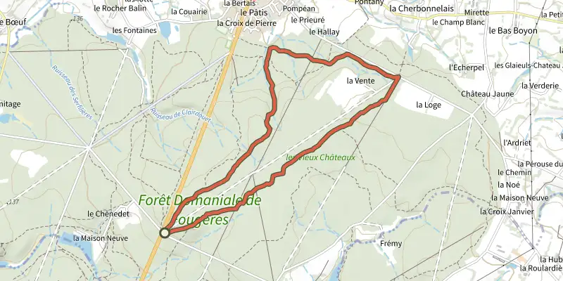 Map of the La Longue Noë track on the IGN map, with the start and numbered waypoints