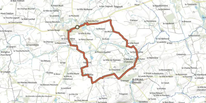 Map of the Muel - Le Pont Guillé track on the IGN map, with the start and numbered waypoints