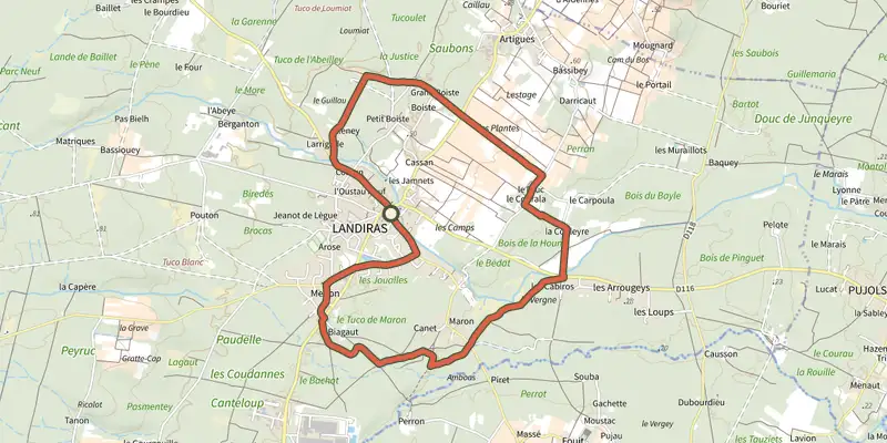 Carte du tracé de Boucle de Landiras nº 1 : boucle locale sur le Plan IGN, départ et points de passage numérotés