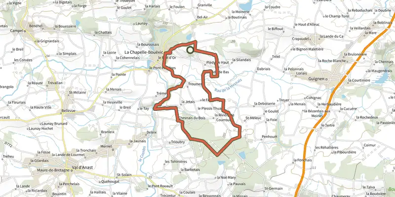 Carte du tracé de Le Chêne au Loup sur le Plan IGN, départ et points de passage numérotés