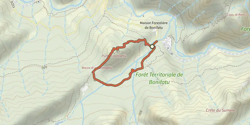 Map of the Boucle du Calatoghiu track on the IGN map, with the start and numbered waypoints