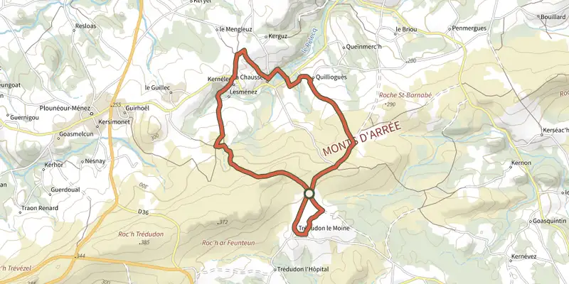 Carte du tracé de Circuit de l'abbaye du Relec sur le Plan IGN, départ et points de passage numérotés