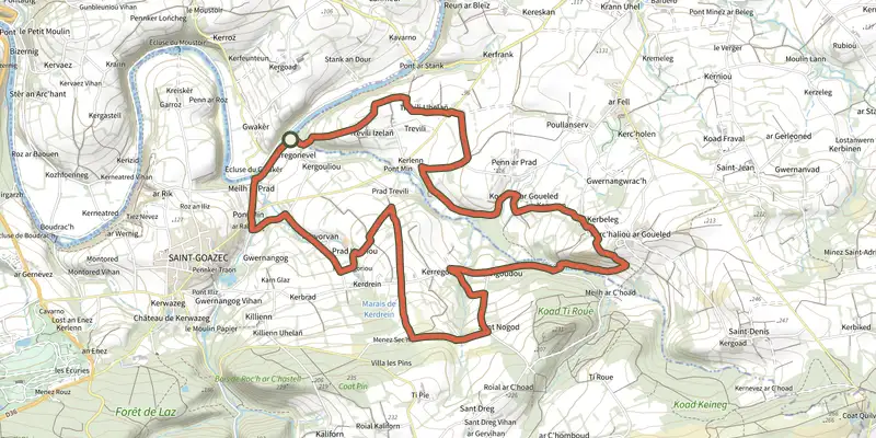 Carte du tracé de Tro ster pont mine sur le Plan IGN, départ et points de passage numérotés