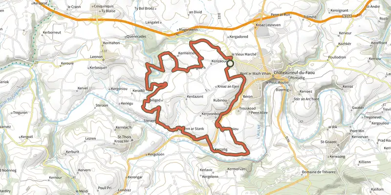 Map of the Rando drosera - Aulne Ster Goanez track on the IGN map, with the start and numbered waypoints