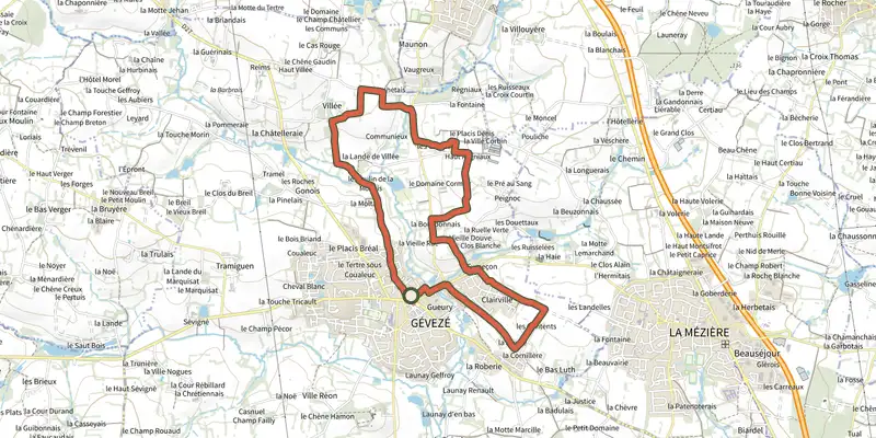 Carte du tracé de Circuit du Moulin de la Moltais sur le Plan IGN, départ et points de passage numérotés