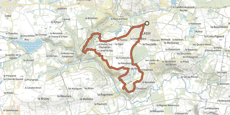 Map of the Circuit des Landes track on the IGN map, with the start and numbered waypoints