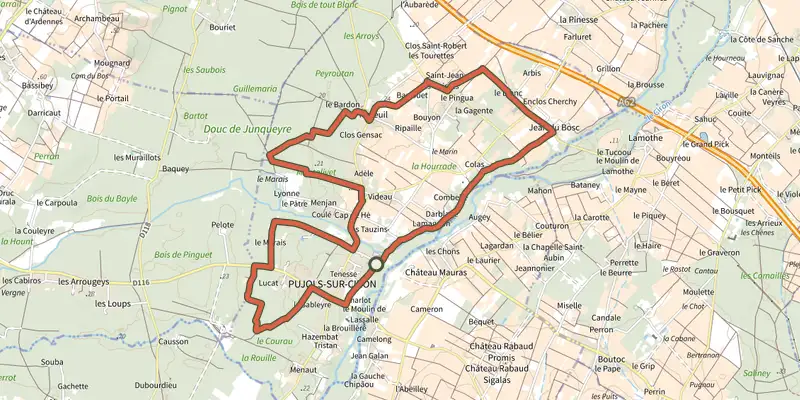Carte du tracé de Pujols-sur-Ciron : boucle locale sur le Plan IGN, départ et points de passage numérotés