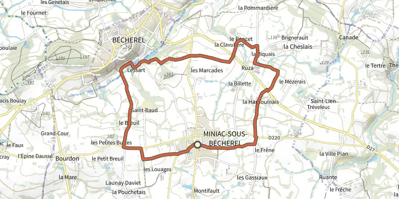 Carte du tracé de Les Roches du Diable sur le Plan IGN, départ et points de passage numérotés