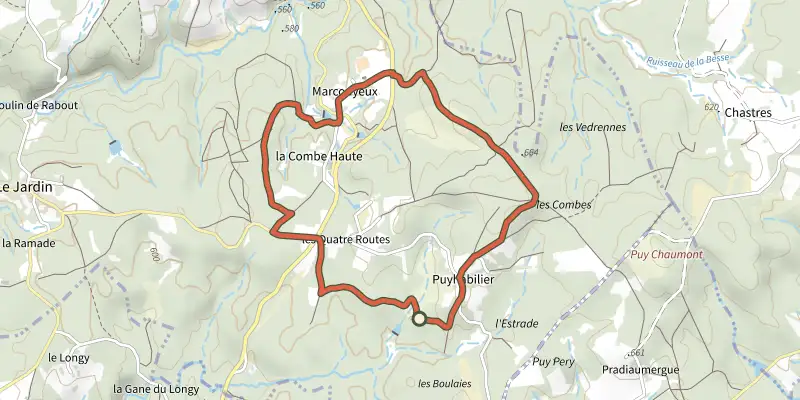 Carte du tracé de Sur les chemins de Marcouyeux sur le Plan IGN, départ et points de passage numérotés