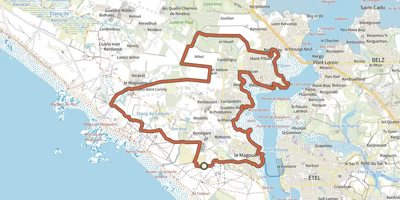 Carte du tracé de Vers la Ria d'Étel sur le Plan IGN, départ et points de passage numérotés
