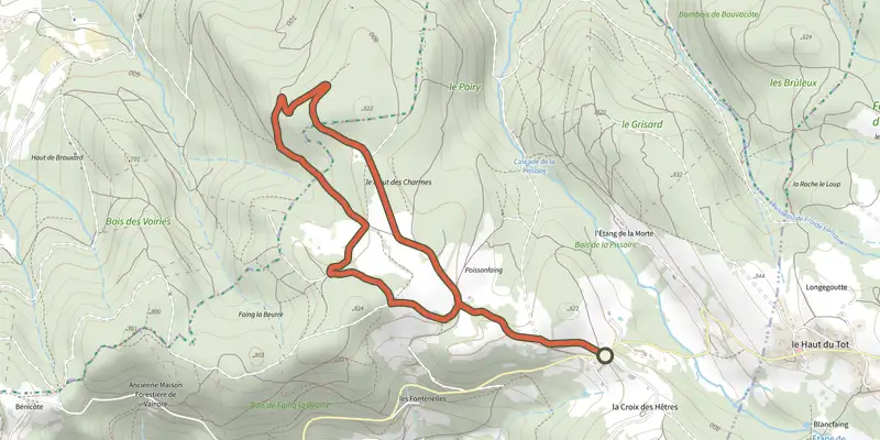 Carte du tracé de Circuit des Croix de chemin, première partie sur le Plan IGN, départ et points de passage numérotés