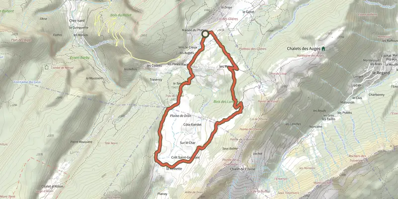 Map of the Plaine de Dran track on the IGN map, with the start and numbered waypoints