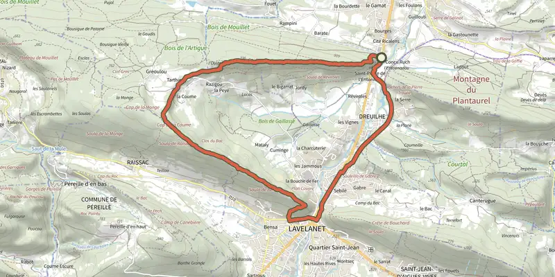 Carte du tracé de Les Crètes du Plantaurel sur le Plan IGN, départ et points de passage numérotés