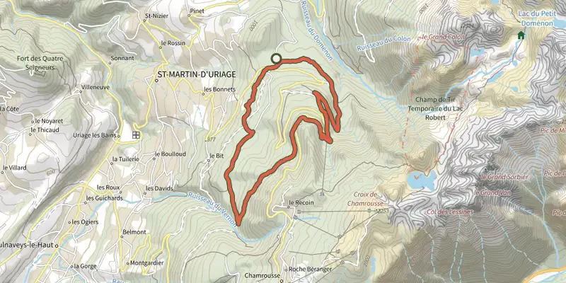 Carte du tracé de Circuit des Cinq Cabanes sur le Plan IGN, départ et points de passage numérotés