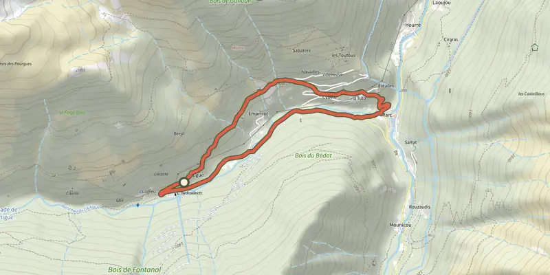 Map of the De Marc à l'Artigue track on the IGN map, with the start and numbered waypoints