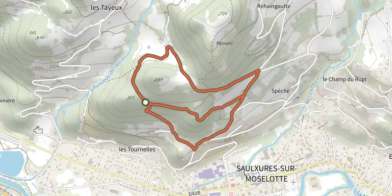 Carte du tracé de Sentier des Retraités sur le Plan IGN, départ et points de passage numérotés