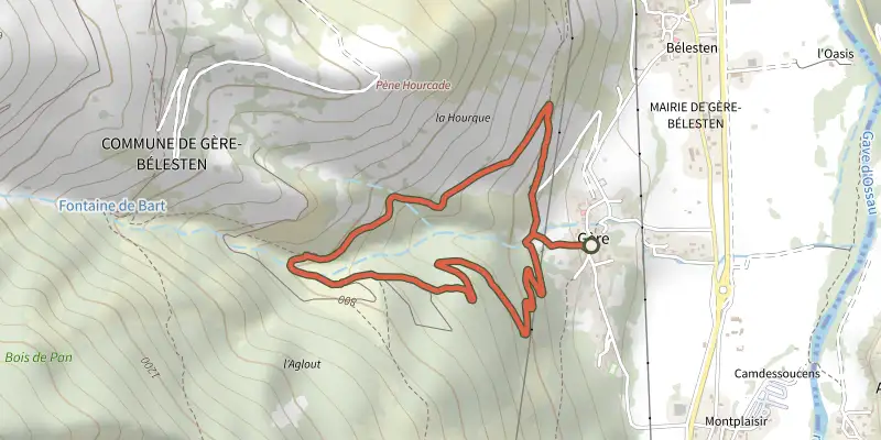 Map of the La fontaine d'Esteret track on the IGN map, with the start and numbered waypoints