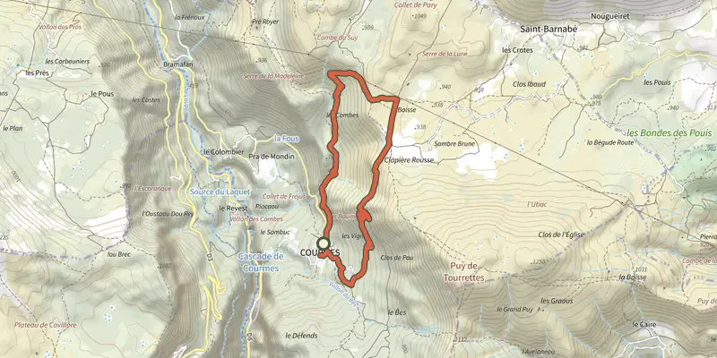 Carte du tracé de Plateau de Saint-Barnabé sur le Plan IGN, départ et points de passage numérotés