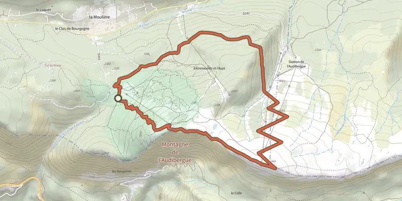 Carte du tracé de Montagne de l'Audibergue sur le Plan IGN, départ et points de passage numérotés