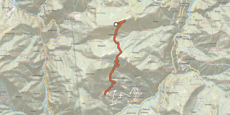 Carte du tracé de Madone d'Utelle sur le Plan IGN, départ et points de passage numérotés