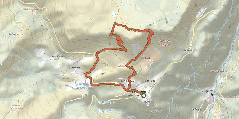Carte du tracé de Plateau de Cavillore sur le Plan IGN, départ et points de passage numérotés