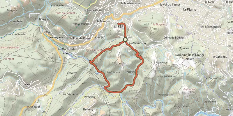 Carte du tracé de Val de Siagne sur le Plan IGN, départ et points de passage numérotés
