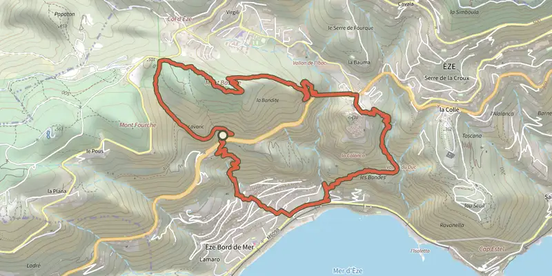 Carte du tracé de Circuit du mont Bastide sur le Plan IGN, départ et points de passage numérotés