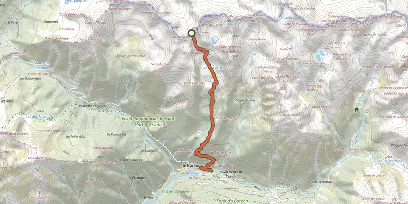 Map of the Col de Cerise track on the IGN map, with the start and numbered waypoints