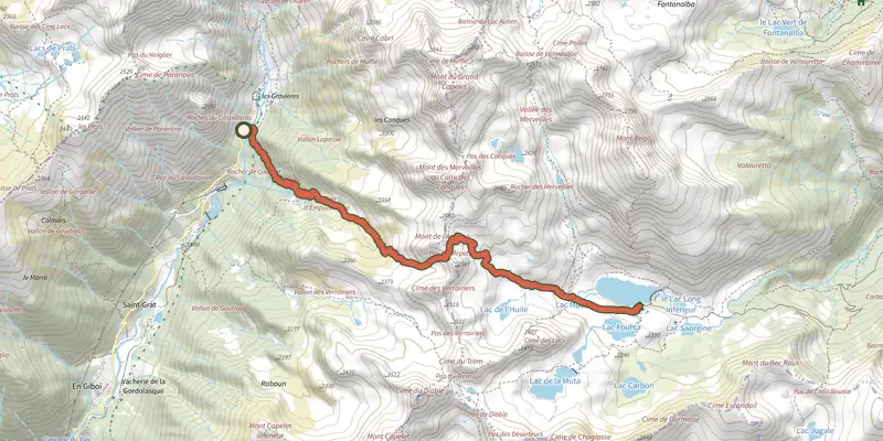 Map of the Les Merveilles par la Gordolasque track on the IGN map, with the start and numbered waypoints