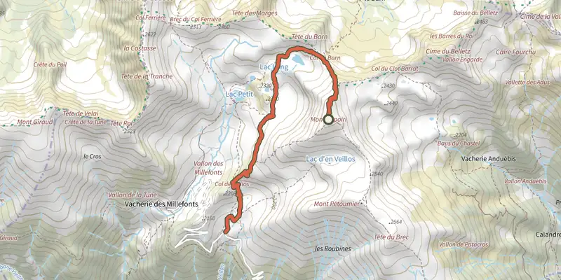 Carte du tracé de Mont Pépoiri sur le Plan IGN, départ et points de passage numérotés