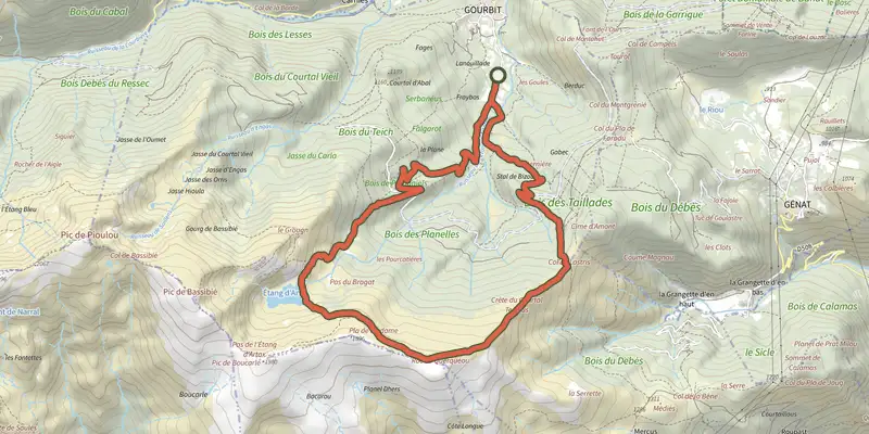 Carte du tracé de Le Pic de Querquéou sur le Plan IGN, départ et points de passage numérotés