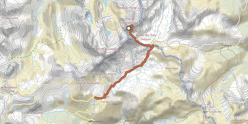 Map of the Tête de l'Enchastraye track on the IGN map, with the start and numbered waypoints