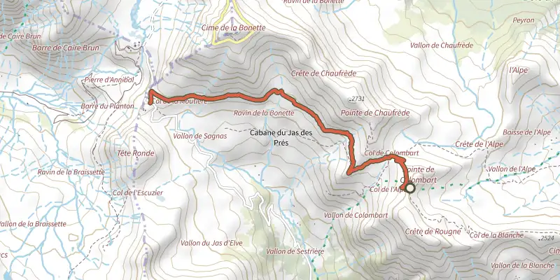Map of the Pointe de Colombart track on the IGN map, with the start and numbered waypoints