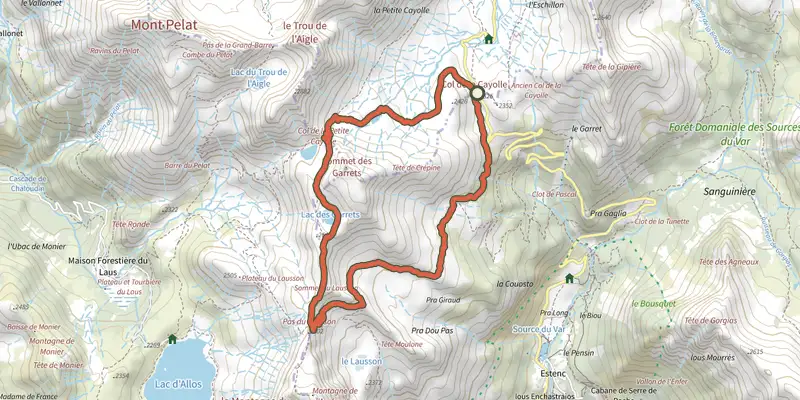 Carte du tracé de Circuit des Lacs sur le Plan IGN, départ et points de passage numérotés