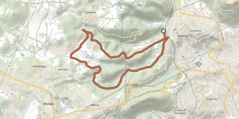 Carte du tracé de La Côte de Pégnu sur le Plan IGN, départ et points de passage numérotés