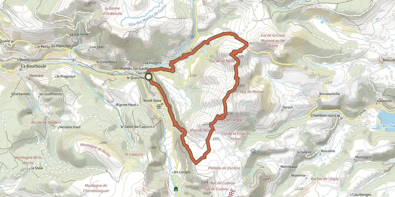 Map of the Les Cascades track on the IGN map, with the start and numbered waypoints