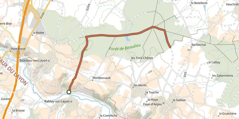 Carte du tracé de Circuit Coteaux et Forêt de Beaulieu sur le Plan IGN, départ et points de passage numérotés
