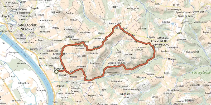 Map of the Monprimblanc et Loupiac : boucle locale track on the IGN map, with the start and numbered waypoints