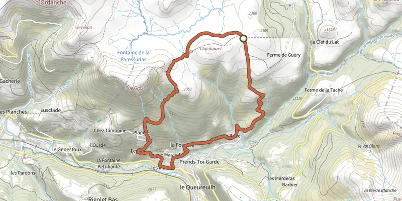 Map of the Le Puy Gros track on the IGN map, with the start and numbered waypoints