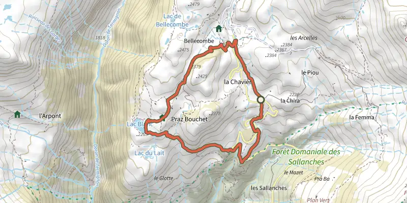 Carte du tracé de Boucle du Lac Blanc sur le Plan IGN, départ et points de passage numérotés