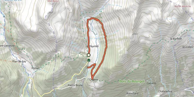 Carte du tracé de Vallon de l'Orgère sur le Plan IGN, départ et points de passage numérotés