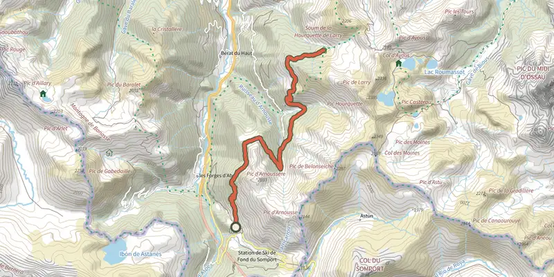 Map of the Sentier de Peyranère au Refuge de Larry PNP track on the IGN map, with the start and numbered waypoints