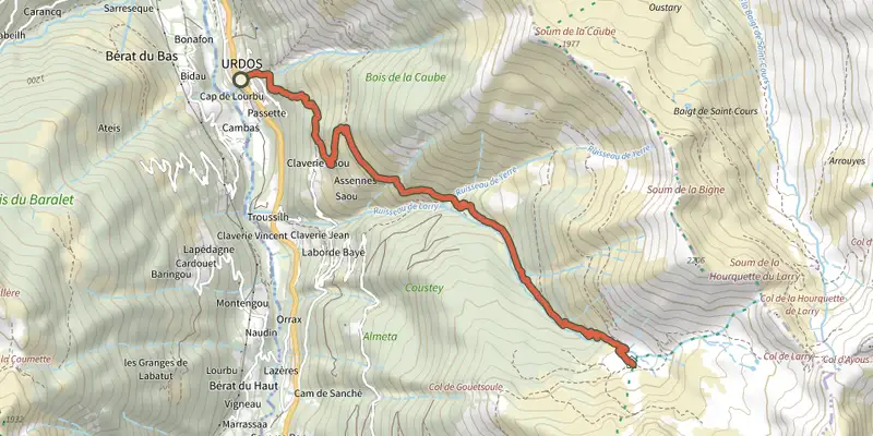 Map of the Sentier d'Urdos au Refuge de Larry PNP track on the IGN map, with the start and numbered waypoints