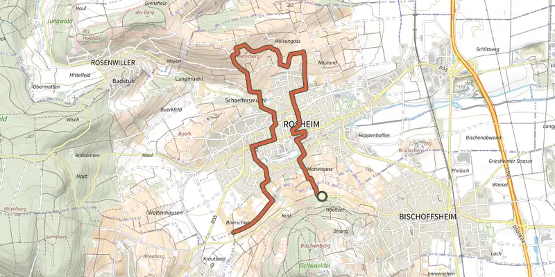 Map of the Le parcours du vigneron track on the IGN map, with the start and numbered waypoints