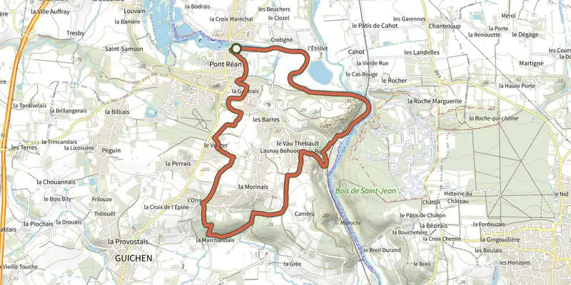 Carte du tracé de Pont-Réan le Boël sur le Plan IGN, départ et points de passage numérotés