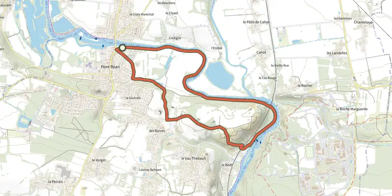 Map of the Pont-Réan les landes du Boël track on the IGN map, with the start and numbered waypoints