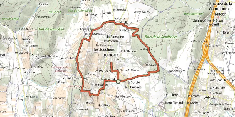 Carte du tracé de Circuit des crêtes du Gros Mont sur le Plan IGN, départ et points de passage numérotés