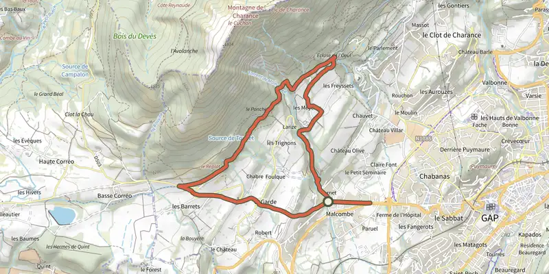 Map of the Le Tour de Malcombe track on the IGN map, with the start and numbered waypoints